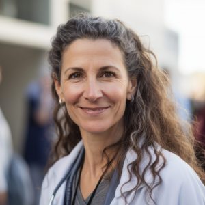 Environmental portrait photography of a grinning doctor in her 40s wearing a scrub or lab coat against a background of diverse group of medical professionals. Generative AI Environmental portrait photography of a grinning doctor in her 40s wearing a scrub or lab coat against a background of diverse group of medical professionals. Generative AI